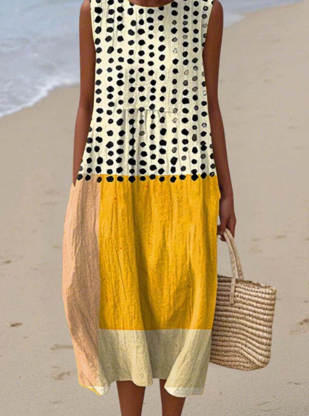 Women's Polka Dot Color Block Sleeveless Midi Dress - Multicolor