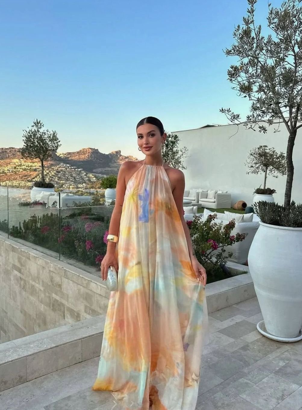 Women's Printed Backless Halter-Neck Flowy Maxi Dress - Orange
