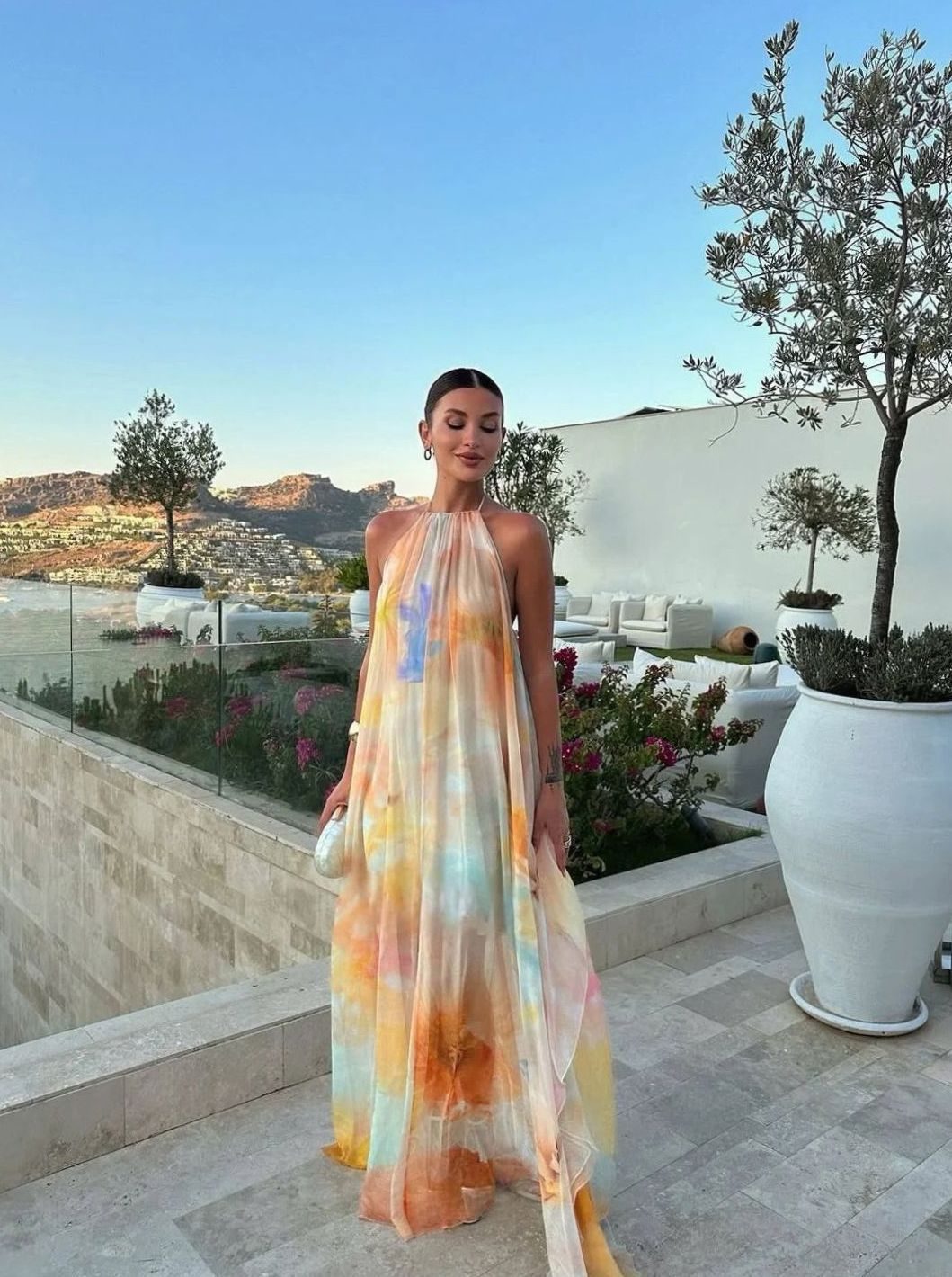 Women's Printed Backless Halter-Neck Flowy Maxi Dress