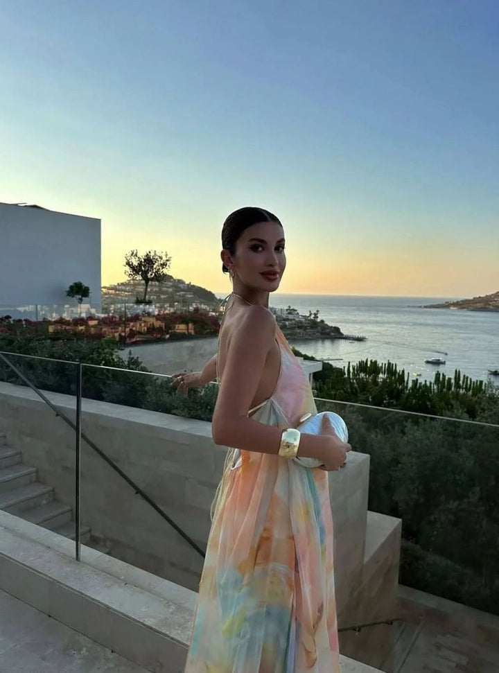 Women's Printed Backless Halter-Neck Flowy Maxi Dress