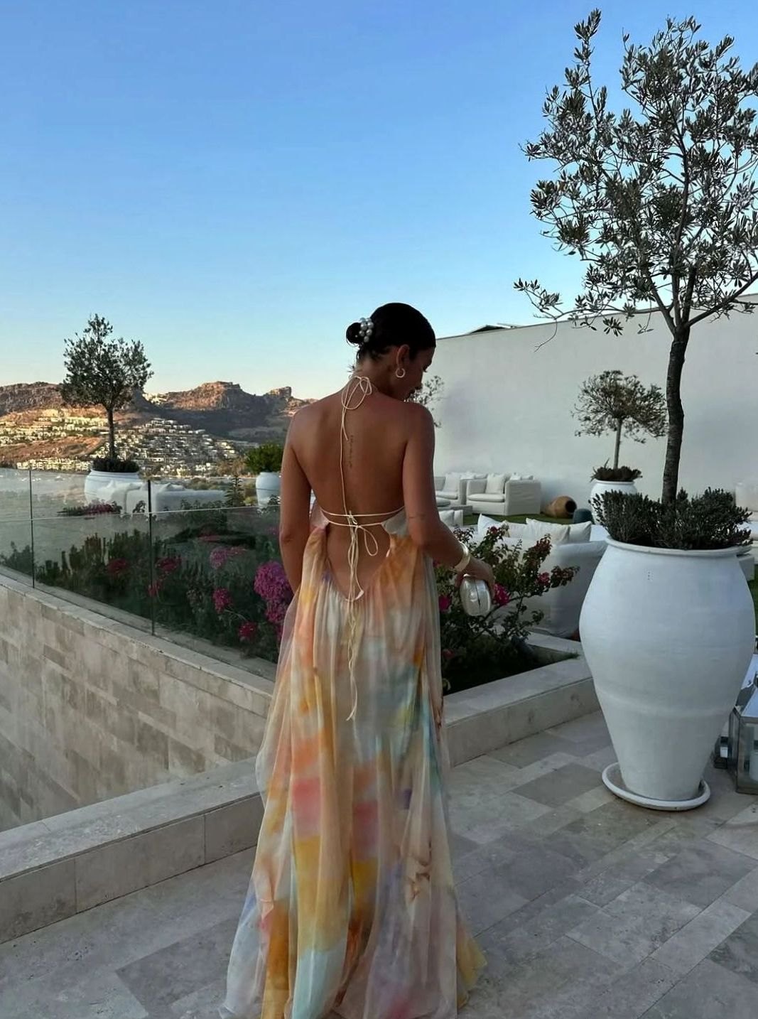 Women's Printed Backless Halter-Neck Flowy Maxi Dress