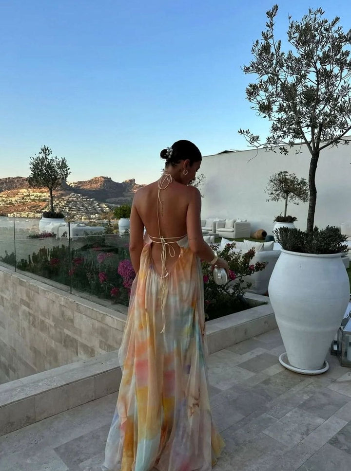 Women's Printed Backless Halter-Neck Flowy Maxi Dress