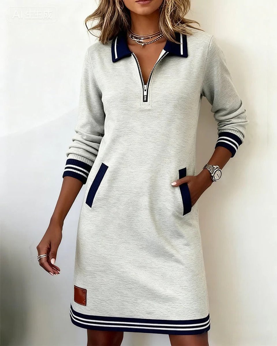 Women's Quarter-Zip Cotton Blend Long Sleeve Dress Polo Collar - Grey