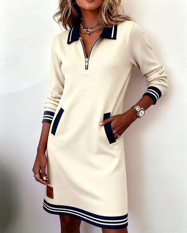 Women's Quarter-Zip Cotton Blend Long Sleeve Dress Polo Collar - White