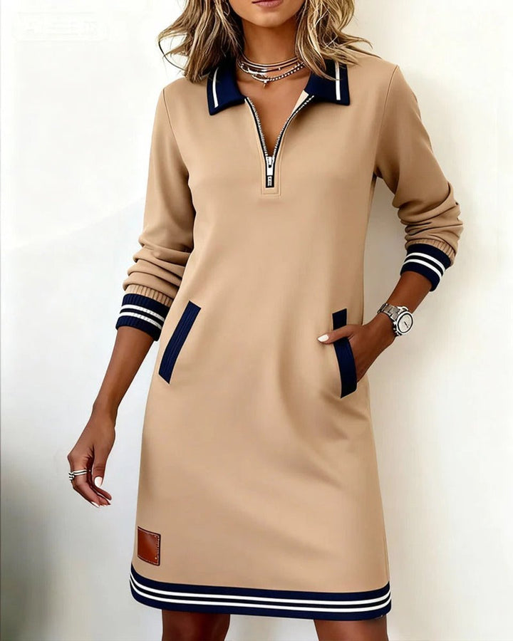 Women's Quarter-Zip Cotton Blend Long Sleeve Dress Polo Collar - Beige