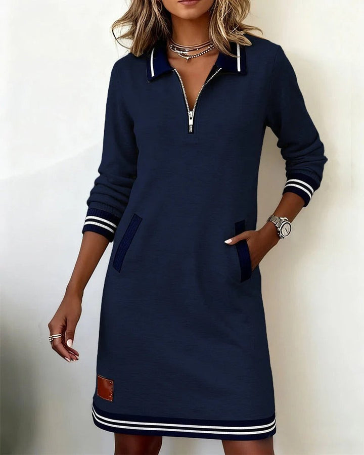 Women's Quarter-Zip Cotton Blend Long Sleeve Dress Polo Collar - Navy Blue