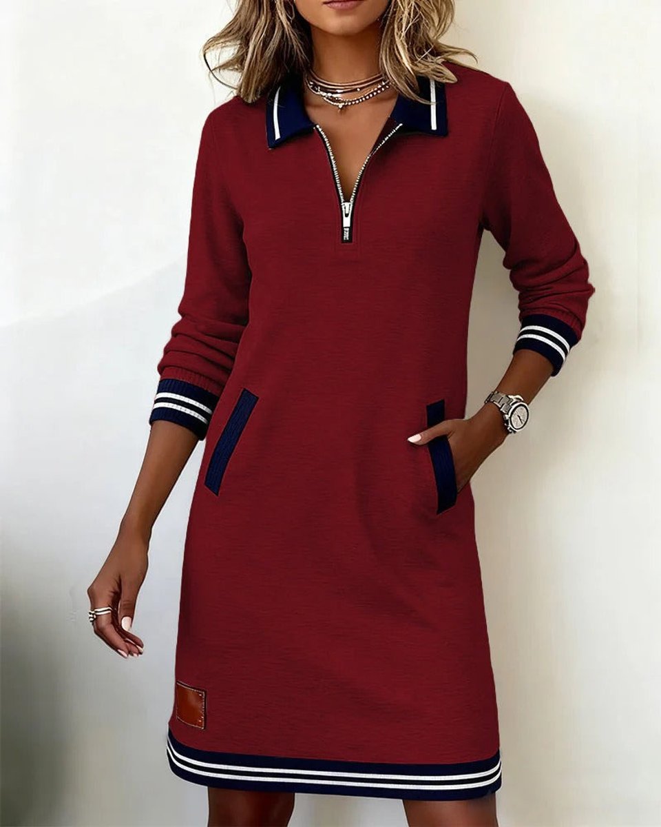 Women's Quarter-Zip Cotton Blend Long Sleeve Dress Polo Collar - Red