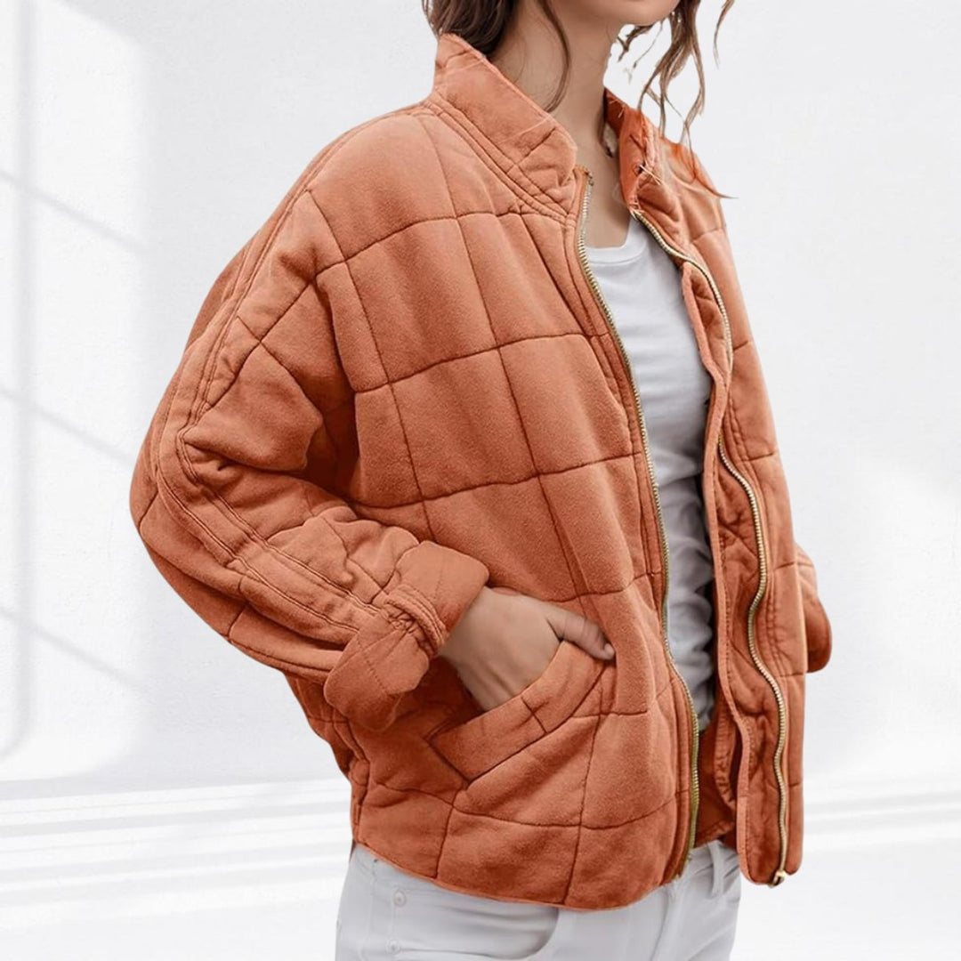 Women's Quilted Jacket Zip-Up Stand-Collar Puffer Coat - Peach