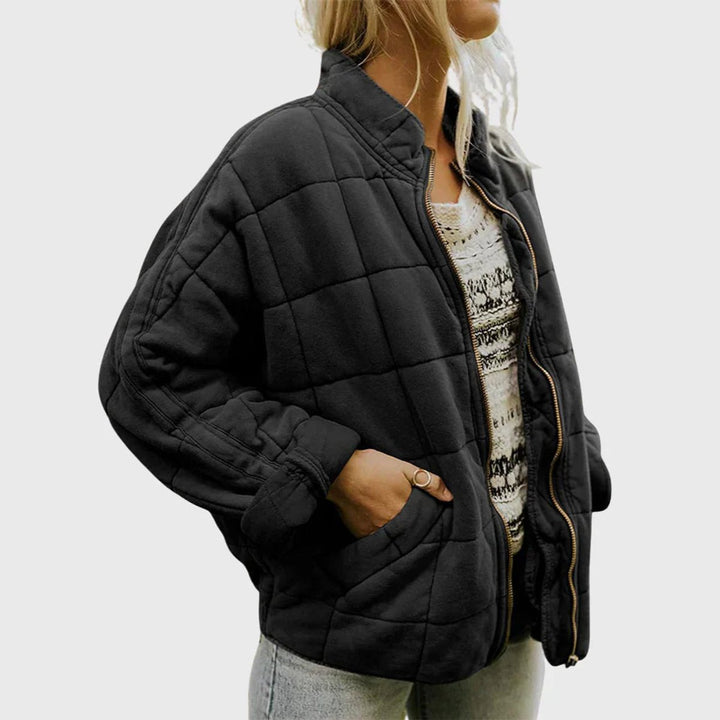 Women's Quilted Jacket Zip-Up Stand-Collar Puffer Coat - Black