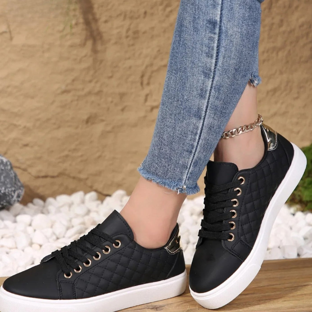 Women's Quilted Lace-Up Orthopaedic Shoes Gold-Detail Sneakers - Black