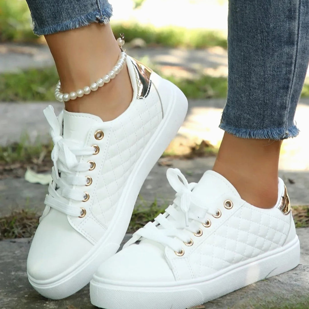 Women's Quilted Lace-Up Orthopaedic Shoes Gold-Detail Sneakers - White