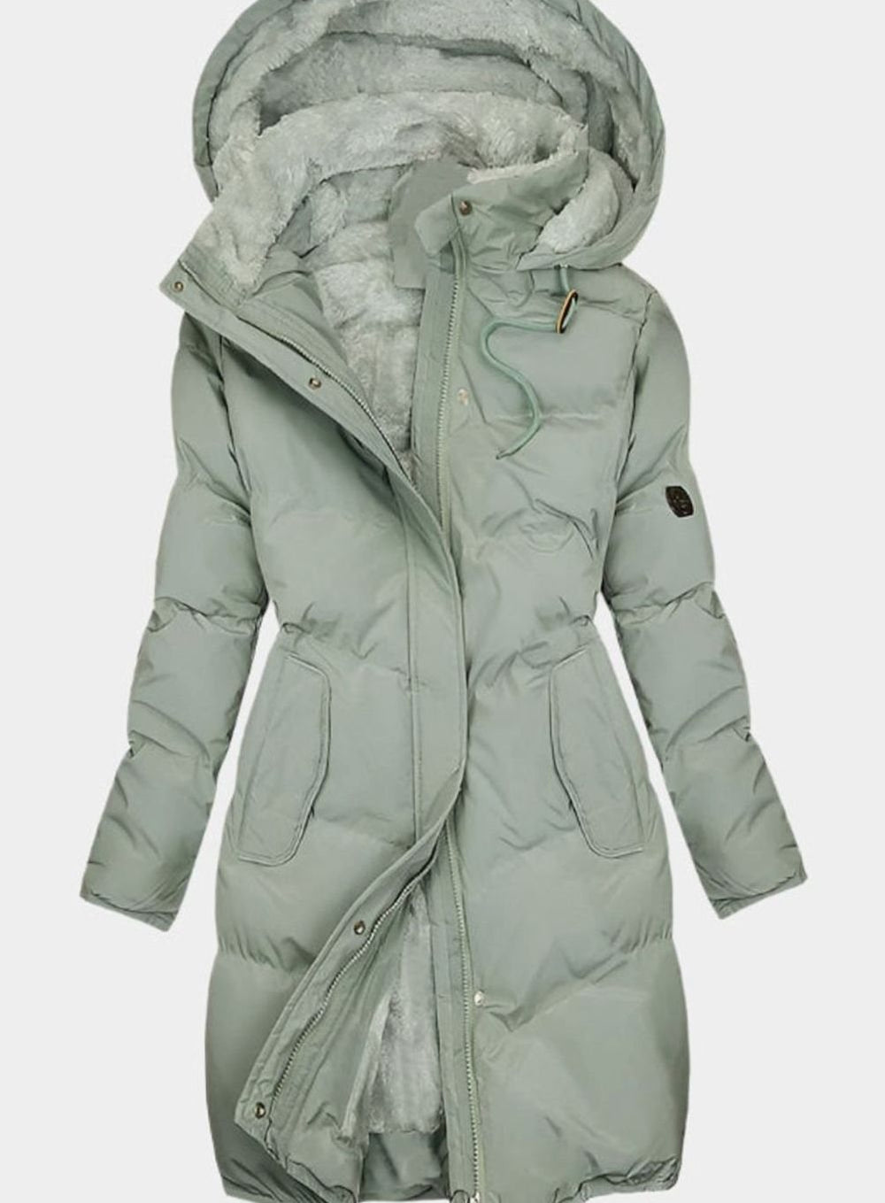 Women's Quilted Plush-Lined Long Hooded Coat - Green