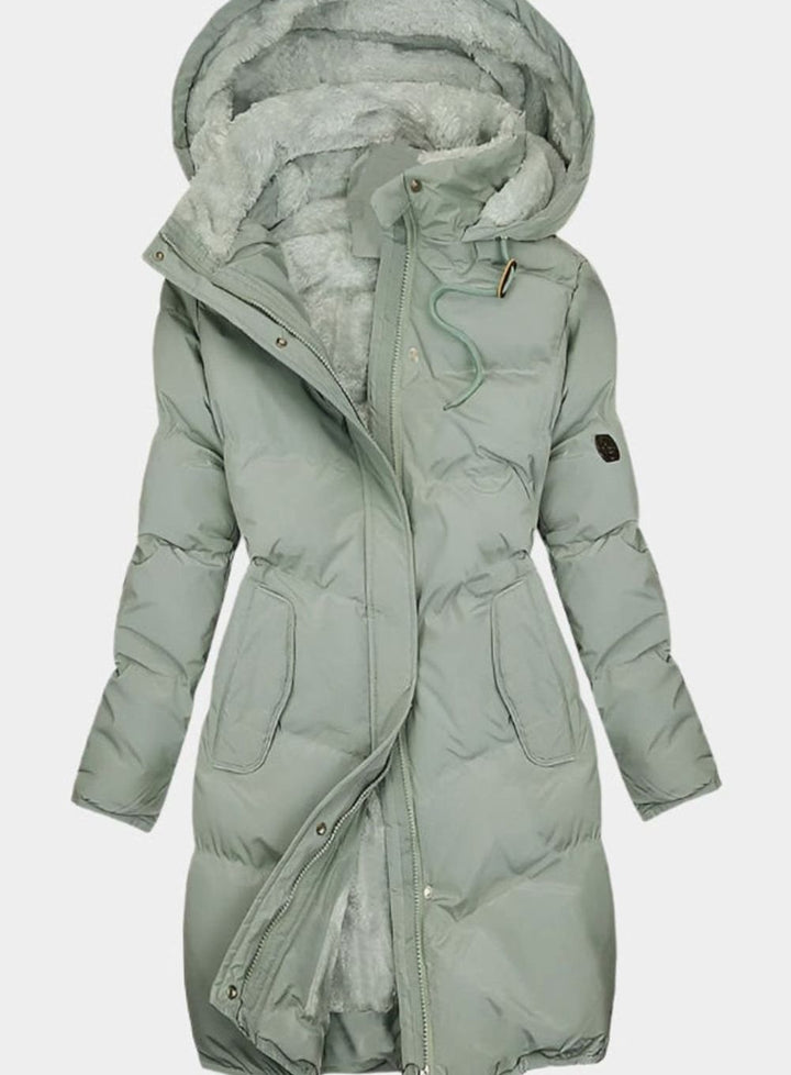 Women's Quilted Plush-Lined Long Hooded Coat - Green