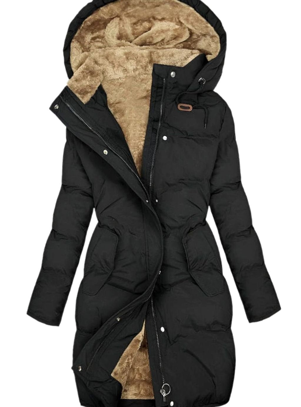 Women's Quilted Plush-Lined Long Hooded Coat - Black