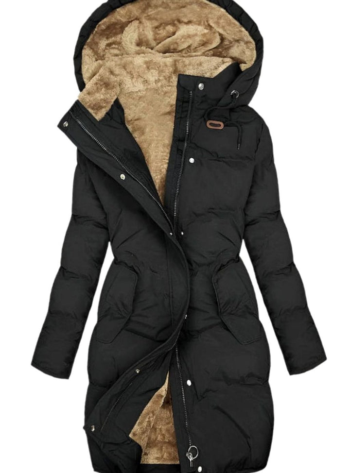 Women's Quilted Plush-Lined Long Hooded Coat - Black