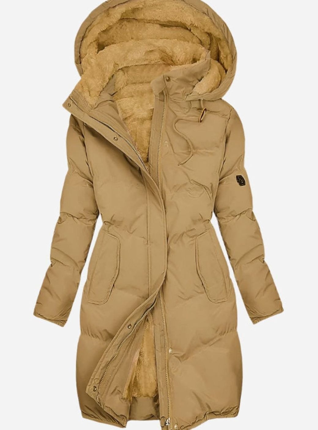 Women's Quilted Plush-Lined Long Hooded Coat - Yellow
