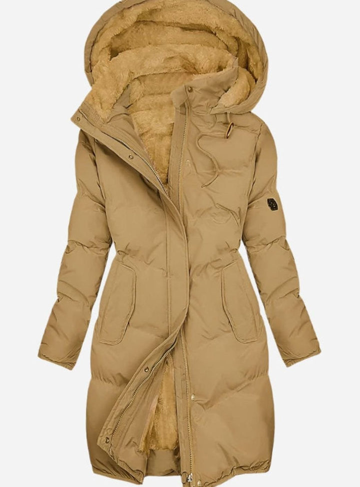 Women's Quilted Plush-Lined Long Hooded Coat - Yellow
