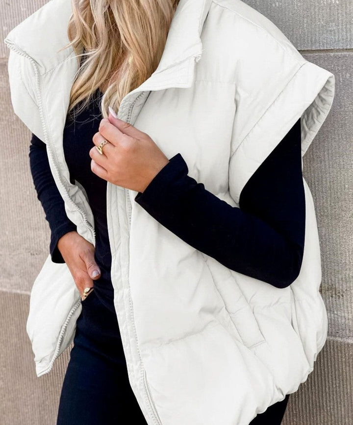 Women's Quilted Sleeveless Gilet Stand Collar Relaxed Fit Vest - White