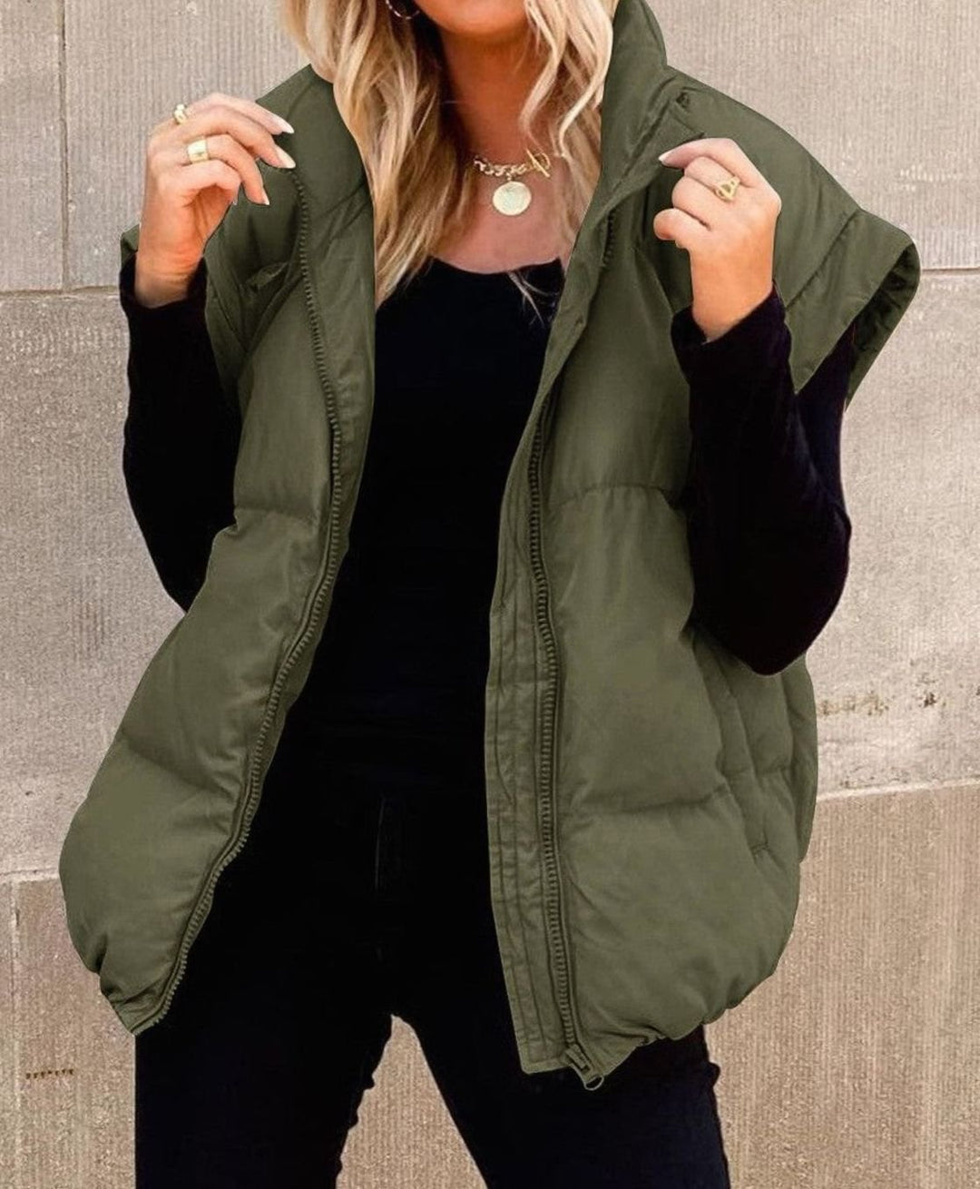 Women's Quilted Sleeveless Gilet Stand Collar Relaxed Fit Vest - Green