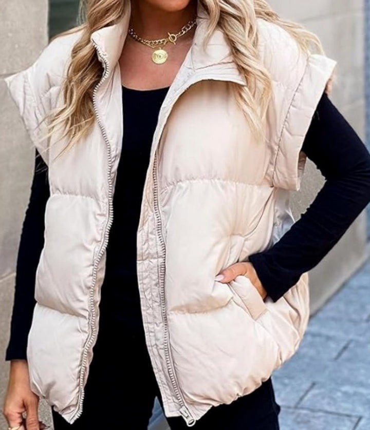 Women's Quilted Sleeveless Gilet Stand Collar Relaxed Fit Vest - Beige