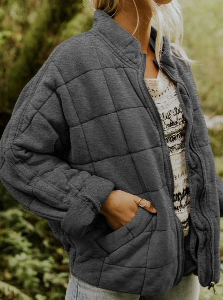 Women's Quilted Zip-Up Coat Relaxed Fit Lightweight Outerwear - Dark Gray