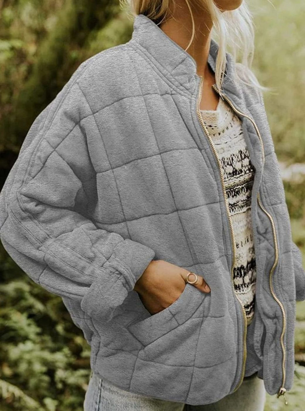 Women's Quilted Zip-Up Coat Relaxed Fit Lightweight Outerwear - Gray