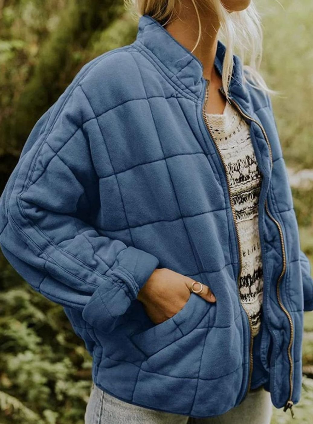 Women's Quilted Zip-Up Coat Relaxed Fit Lightweight Outerwear - Blue