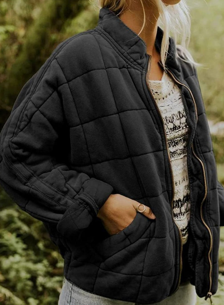 Women's Quilted Zip-Up Coat Relaxed Fit Lightweight Outerwear - Black