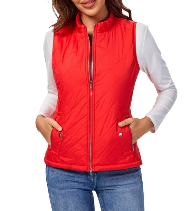 Women's Quilted Zip-Up Puffer Vest Sleeveless Padded Gilet - Red