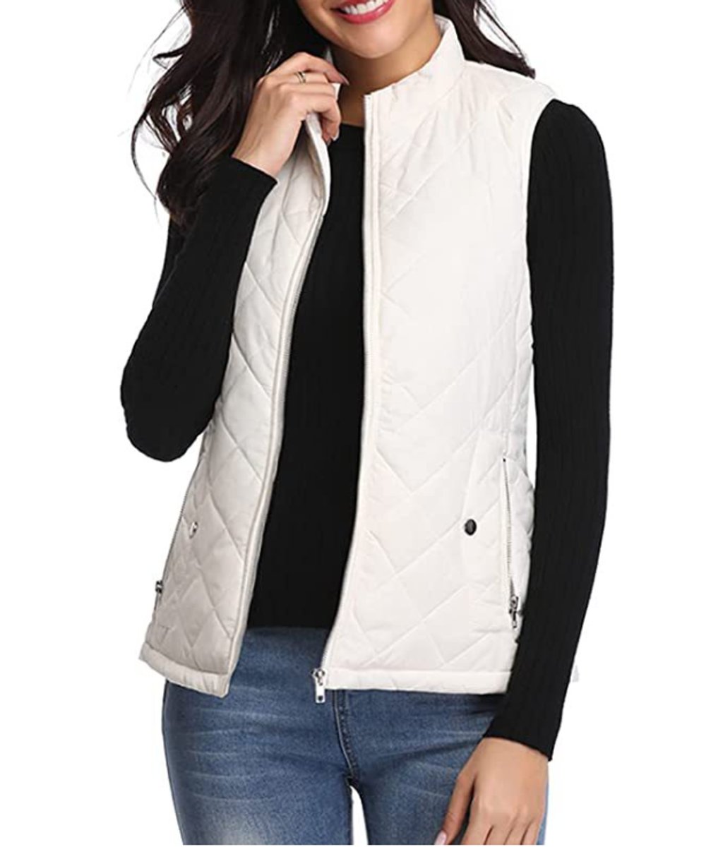 Women's Quilted Zip-Up Puffer Vest Sleeveless Padded Gilet - White