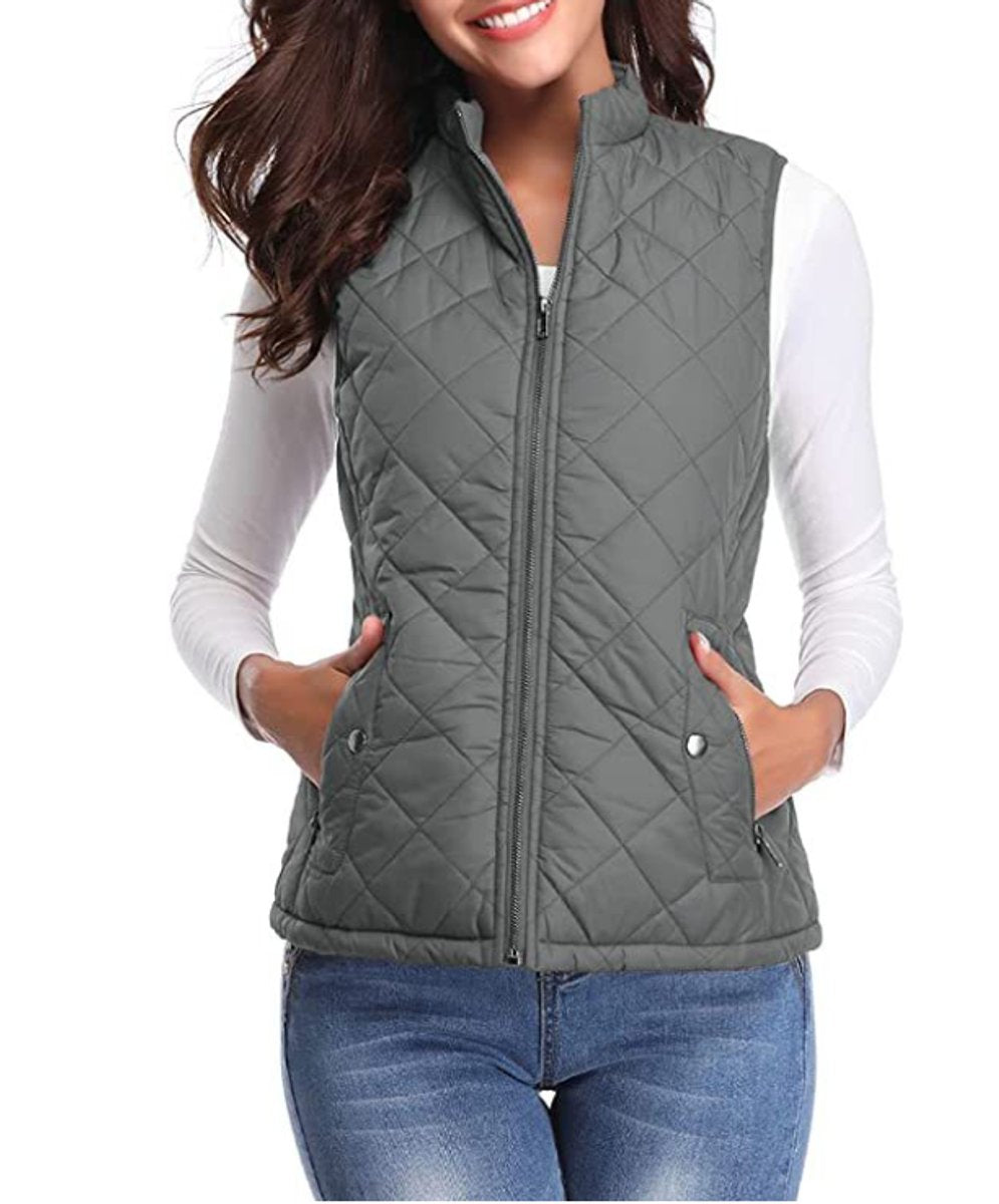 Women's Quilted Zip-Up Puffer Vest Sleeveless Padded Gilet - Grey