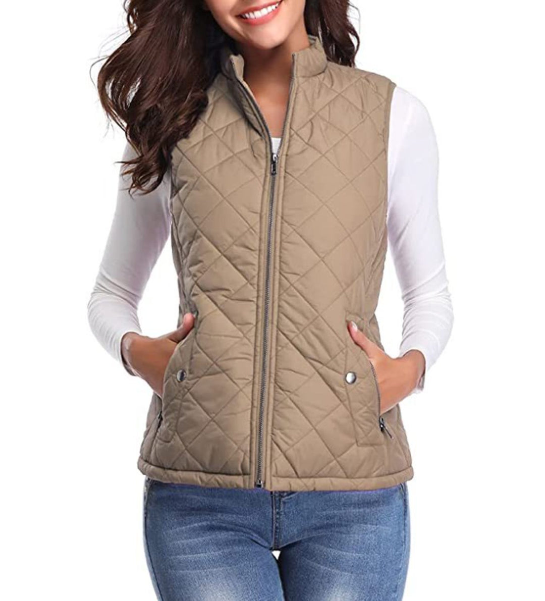 Women's Quilted Zip-Up Puffer Vest Sleeveless Padded Gilet - Light Coffee