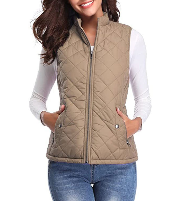 Women's Quilted Zip-Up Puffer Vest Sleeveless Padded Gilet - Light Coffee