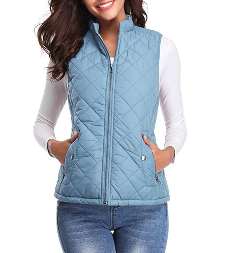 Women's Quilted Zip-Up Puffer Vest Sleeveless Padded Gilet - Light Blue