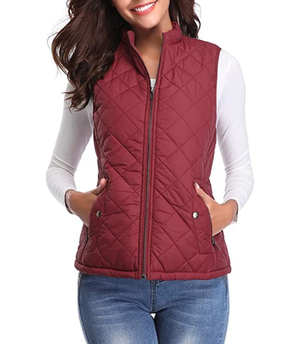 Women's Quilted Zip-Up Puffer Vest Sleeveless Padded Gilet - Bordeaux Red