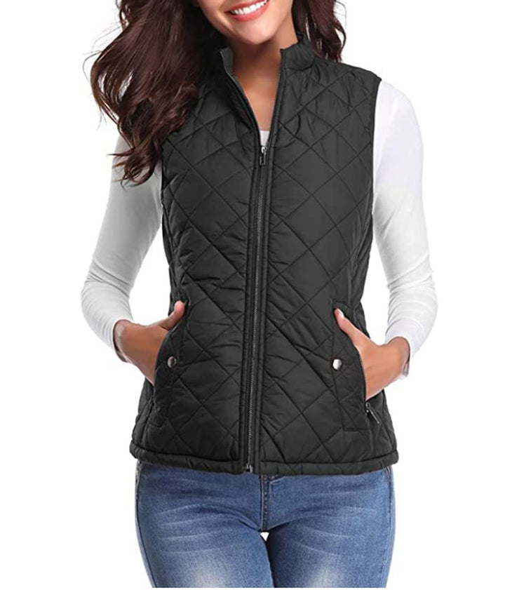 Women's Quilted Zip-Up Puffer Vest Sleeveless Padded Gilet - Black
