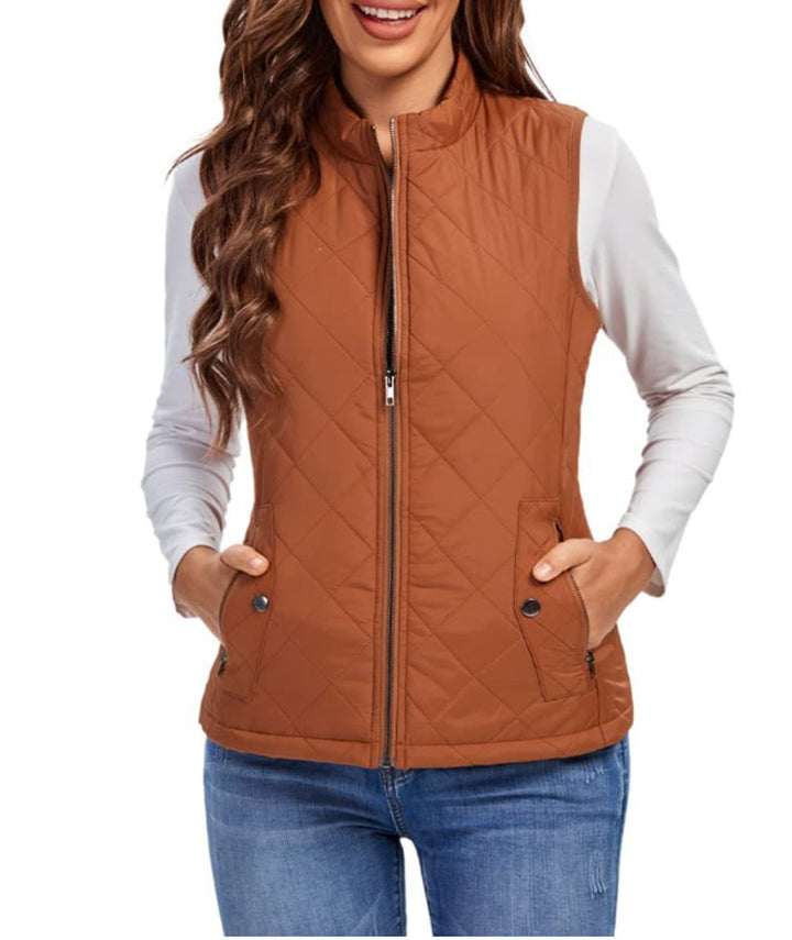 Women's Quilted Zip-Up Puffer Vest Sleeveless Padded Gilet - Khaki