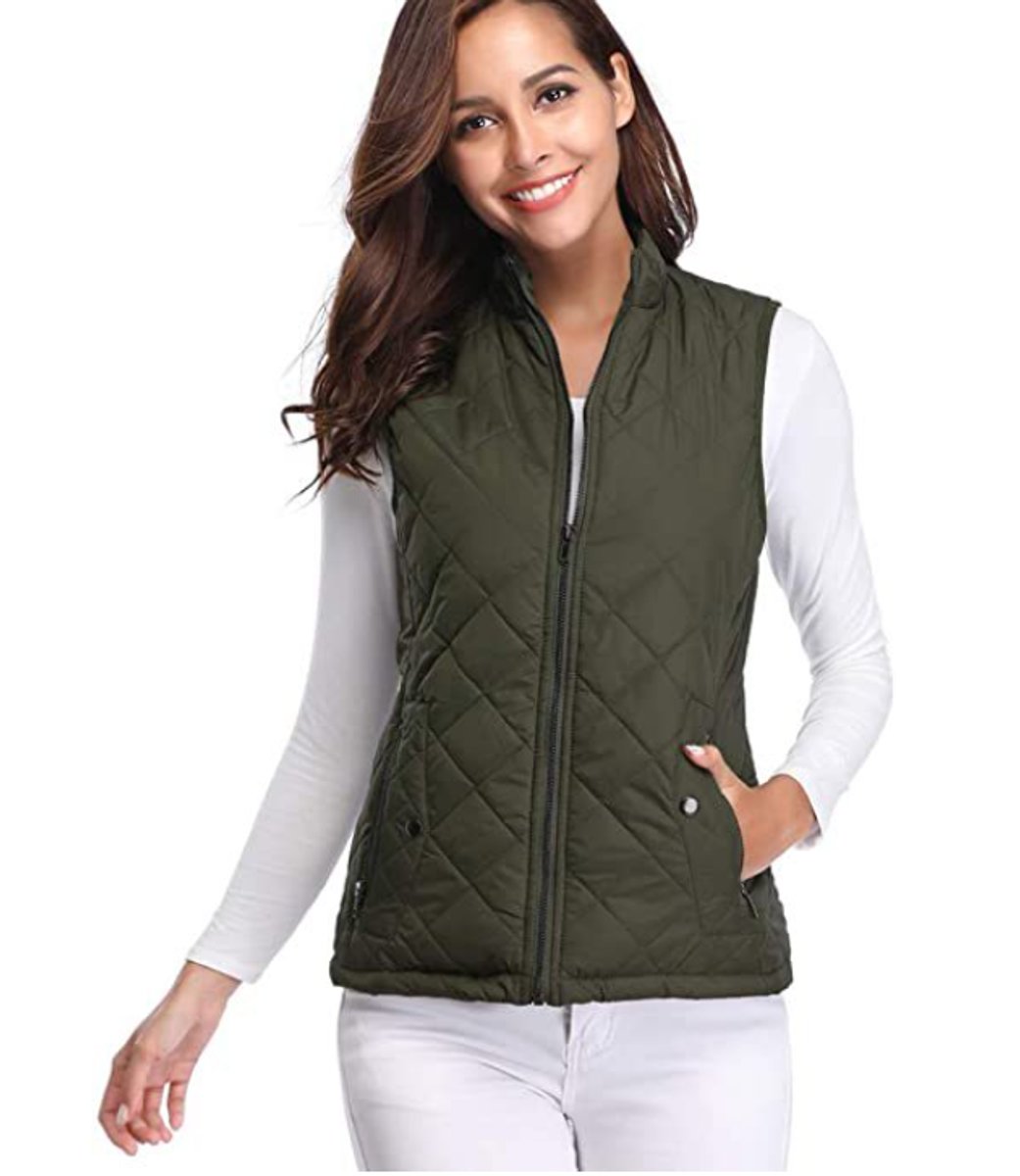 Women's Quilted Zip-Up Puffer Vest Sleeveless Padded Gilet - Olive Green