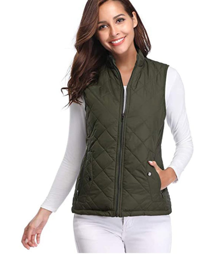 Women's Quilted Zip-Up Puffer Vest Sleeveless Padded Gilet - Olive Green