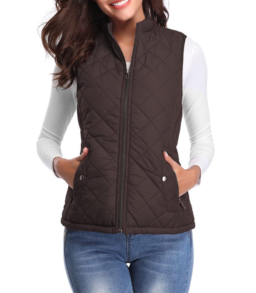 Women's Quilted Zip-Up Puffer Vest Sleeveless Padded Gilet - Brown
