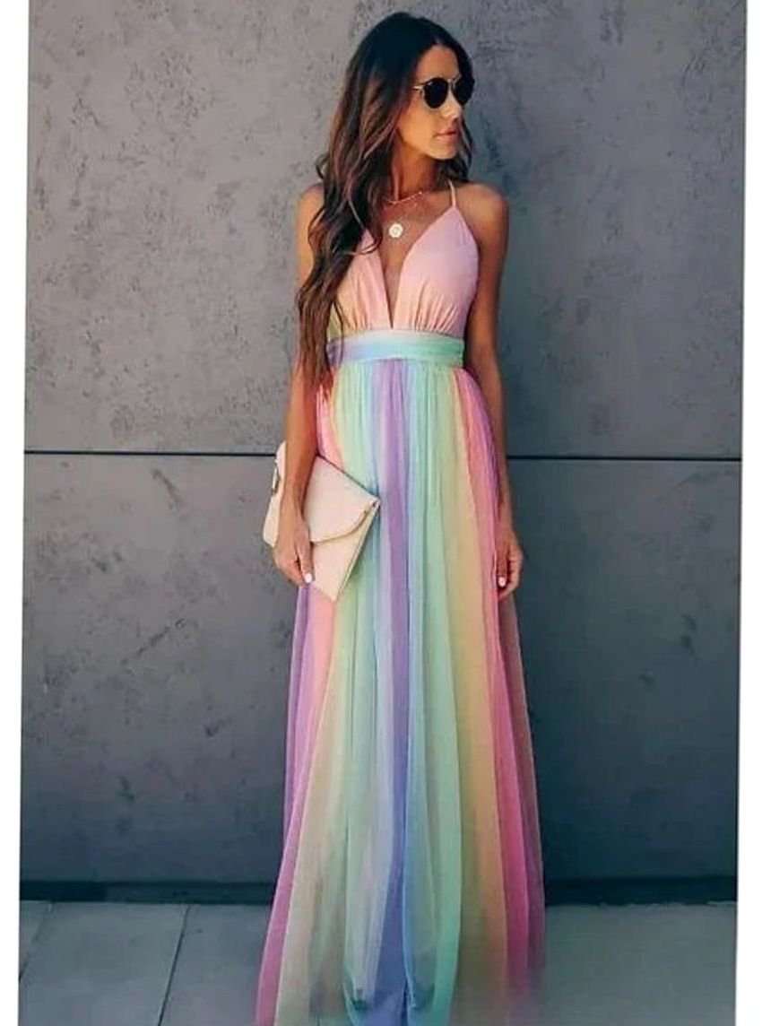 Women's Rainbow Striped Backless Maxi Sundress - Rainbow