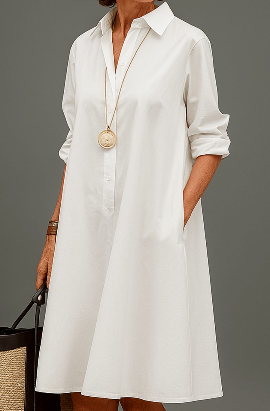 Women's Relaxed A-Line Long Sleeve Shirt Cocktail Dress - White