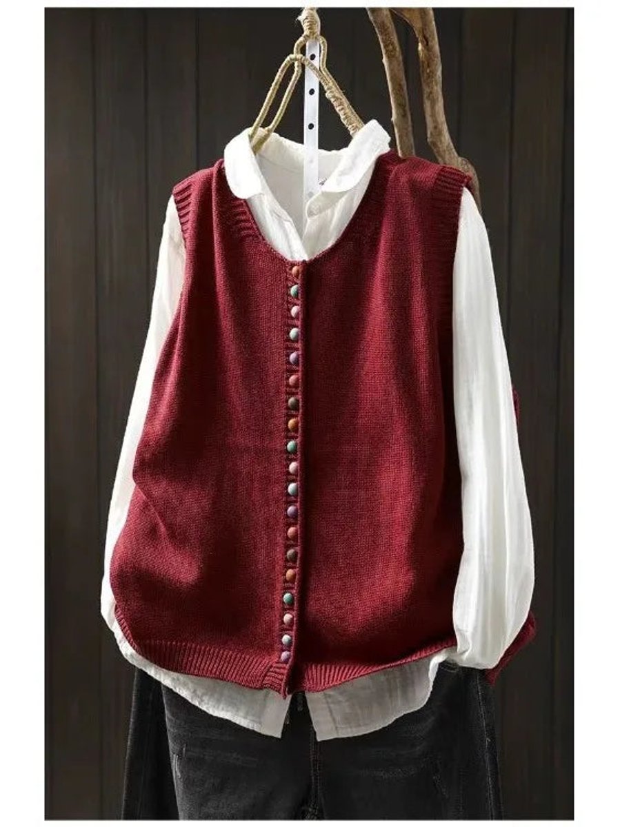 Women's Relaxed-Fit Button-Front Knit Vest Puffer Vest Women - Red