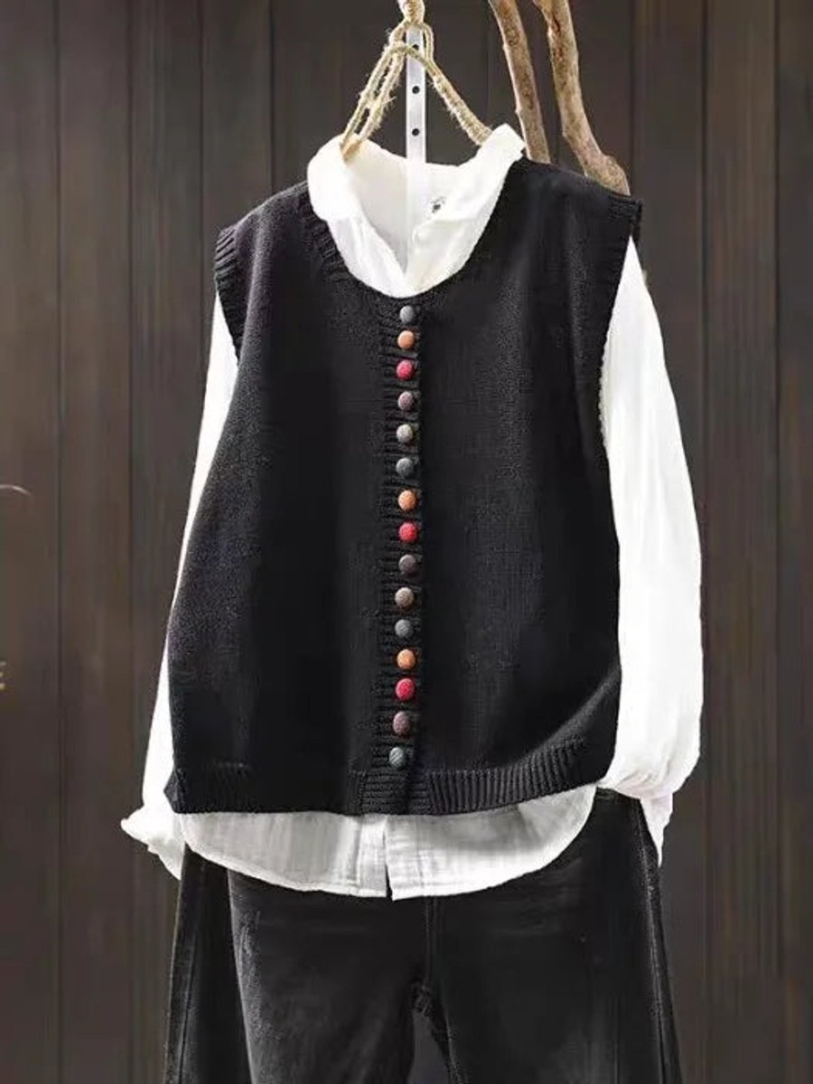 Women's Relaxed-Fit Button-Front Knit Vest Puffer Vest Women - Black