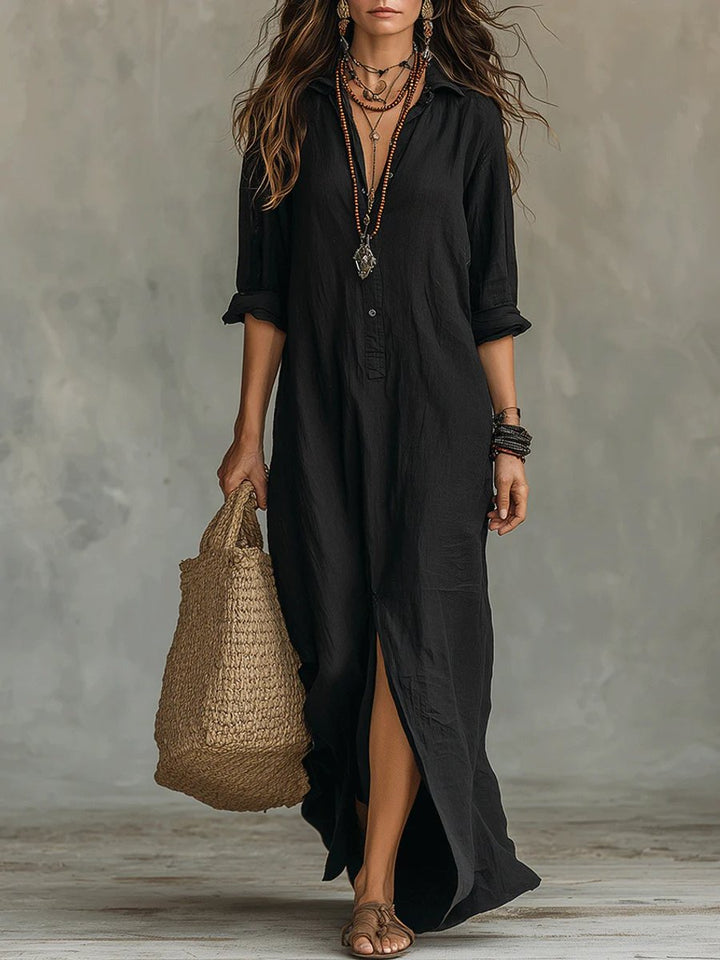 Women's Relaxed-Fit Button-Up Long Sleeve Dress Linen Maxi - Black
