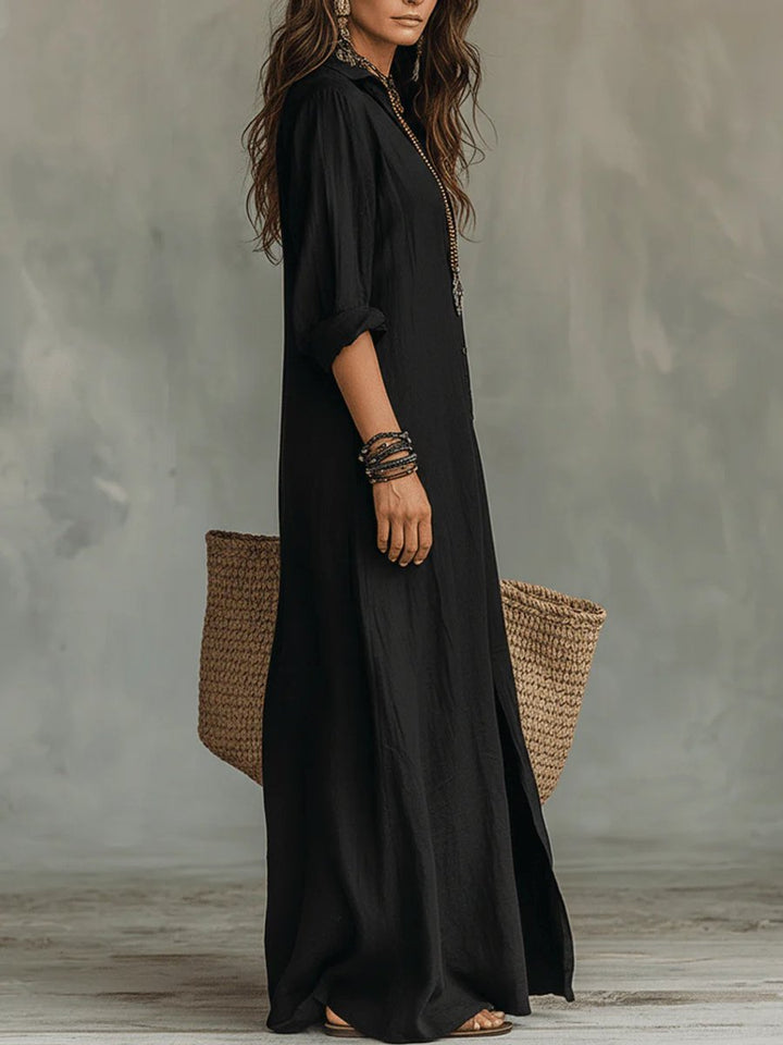 Women's Relaxed-Fit Button-Up Long Sleeve Dress Linen Maxi