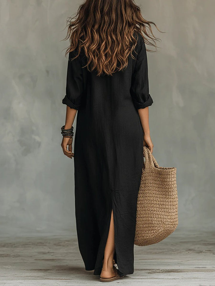Women's Relaxed-Fit Button-Up Long Sleeve Dress Linen Maxi
