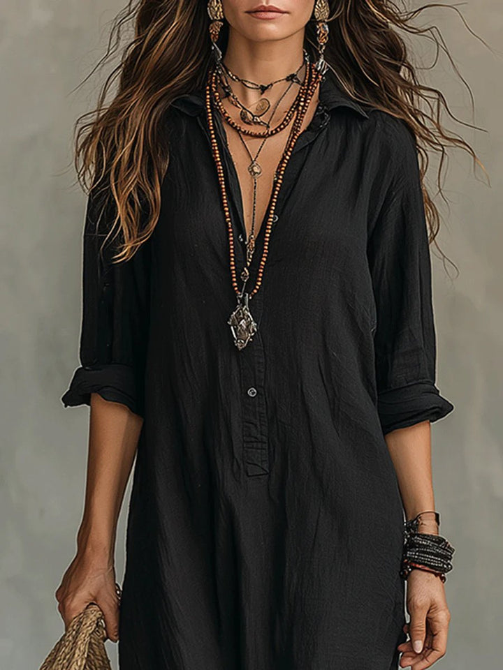 Women's Relaxed-Fit Button-Up Long Sleeve Dress Linen Maxi