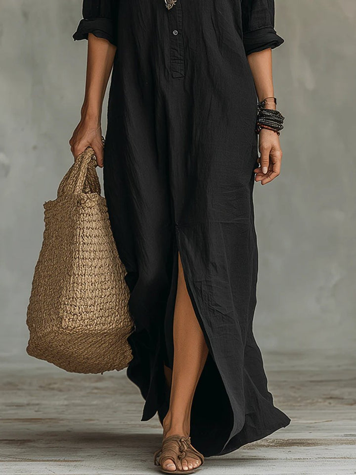 Women's Relaxed-Fit Button-Up Long Sleeve Dress Linen Maxi
