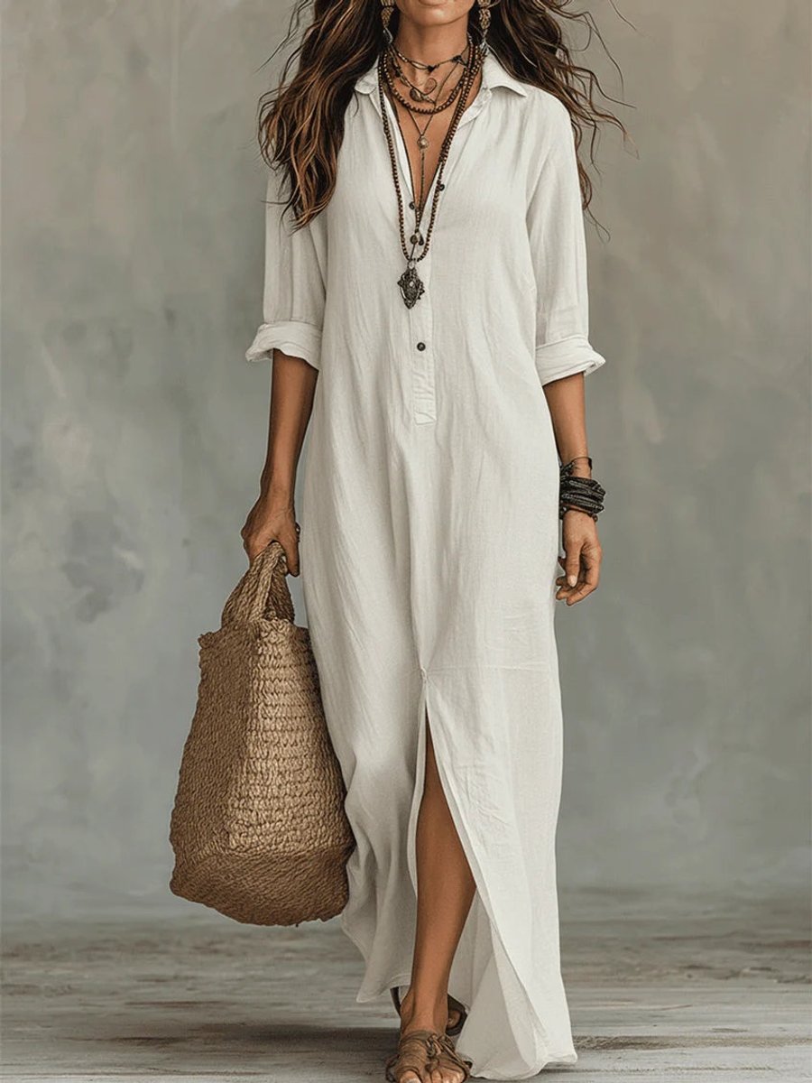 Women's Relaxed-Fit Button-Up Long Sleeve Dress Linen Maxi - White